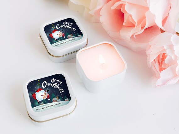 Merry Christmas Candles 12ct Personalized Candles - Christmas Party Favors - Personalized Bulk Candle Favors - Silver Square Tin Candle Il_570xn