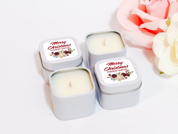 Christmas Candle Favors 12ct Personalized Candles - Merry Christmas Favors - Personalized Bulk Candle Favors - Rose Gold Square Tin Candle Il_570xn