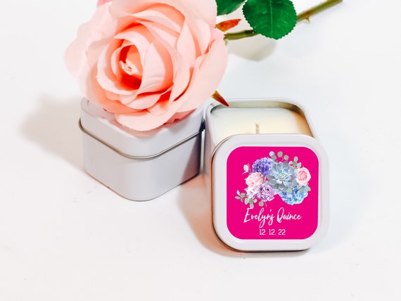 Quinceanera Candle Favors 12ct Personalized Candles - Sweet Sixteen Favors - Personalized Bulk Candle Favors - Rose Gold Square Tin Candle Il_570xn