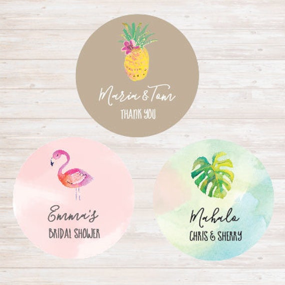 Tropical Beach Round Labels 24ct - Hawaii Labels - Beach Party Theme - Pineapple Labels - Sea Party Labels - Palmtree Labels - Sea Shell Il_570xn