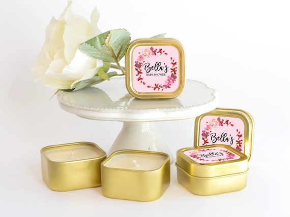 Baby Shower Candle Favors 12ct Personalized Candles - Mommy Shower Favors - Personalized Bulk Candle Favors - Gold Square Tin Candle Il_570xn