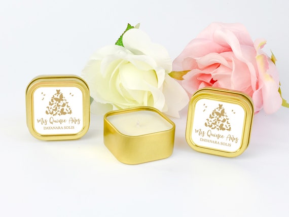 Butterfly Dress Quinceanera Candles 12ct Personalized Candles - Sweet Sixteen Favors Personalized Bulk Candle Favors Gold Square Tin Candle Il_570xn