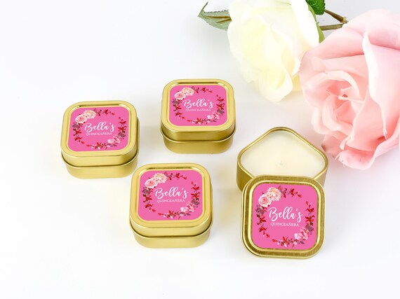 Quinceanera Candle Favors 12ct Personalized Candles - Sweet Sixteen Favors - Personalized Bulk Candle Favors - Gold Square Tin Candle Il_570xn