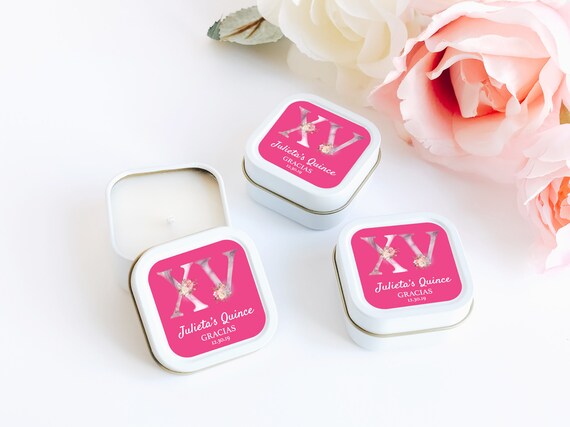 Quinceanera Candle Favors 12ct Personalized Candles - Sweet Sixteen Favor - Personalized Bulk Candle Favors - White & Gold Square Tin Candle Il_570xn
