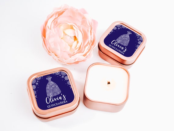 Quinceanera Candle Favors 12ct Personalized Candles - Sweet 16 Candle Favors - Personalized Bulk Candle Favors - Rose Gold Square Tin Candle Il_570xn