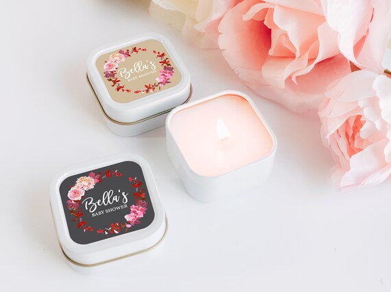 White Candle Favors 12ct Floral Candles, Wreath Bridal Shower Candle Favors, Bridal Shower Favors, Bulk Candles, White Square Tin Candle Il_570xn