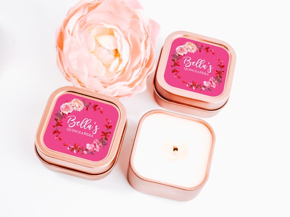 Quinceanera Candle Favors 12ct Personalized Candles - Sweet Sixteen Favors - Personalized Bulk Candle Favors - Rose Gold Square Tin Candle Il_570xn