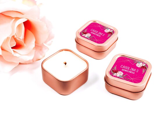 Quinceanera Candle Favors 12ct Personalized Candles - Sweet Sixteen Favors - Personalized Bulk Candle Favors - Rose Gold Square Tin Candle Il_570xn