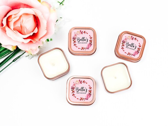 Baby Shower Candle Favors 12ct Personalized Candles - Mommy Shower Favors - Personalized Bulk Candle Favors - Rose Gold Square Tin Candle Il_570xn