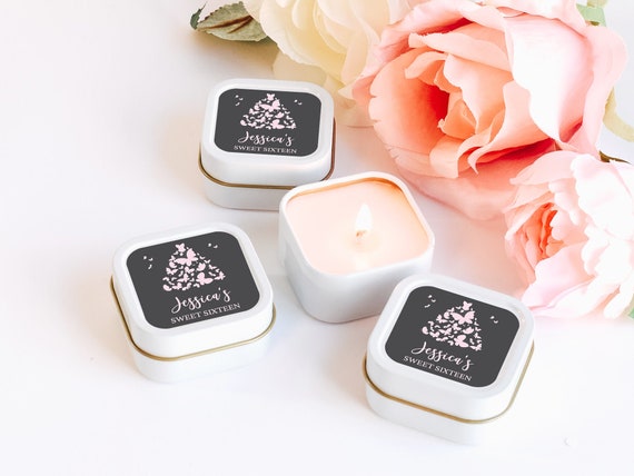 Butterfly Dress Candle Favors 12ct Personalized Candles - Sweet Sixteen Favors - Personalized Bulk Candle Favors - White Square Tin Candle Il_570xn