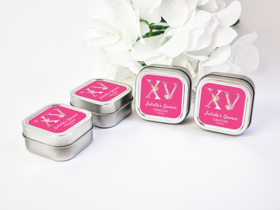 Quinceanera Candle Favors 12ct Personalized Candles - Sweet Sixteen Favors - Personalized Bulk Candle Favors - Silver Square Tin Candle Il_570xn