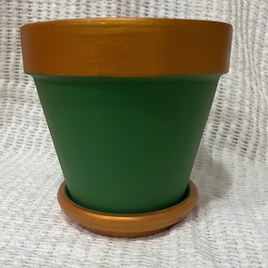 May include: A green terracotta planter with a gold rim and matching saucer. The planter is perfect for adding a touch of color to your home decor.