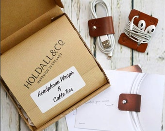 Gepersonaliseerde lederen kabel- en hoofdtelefoonorganisatoren - made in England