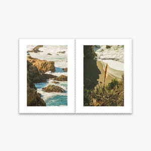 May include: Two photos of a rocky coastline with crashing waves. The first photo shows a rocky cliff face with waves crashing against it. The second photo shows a sandy beach with a single tall blade of grass.
