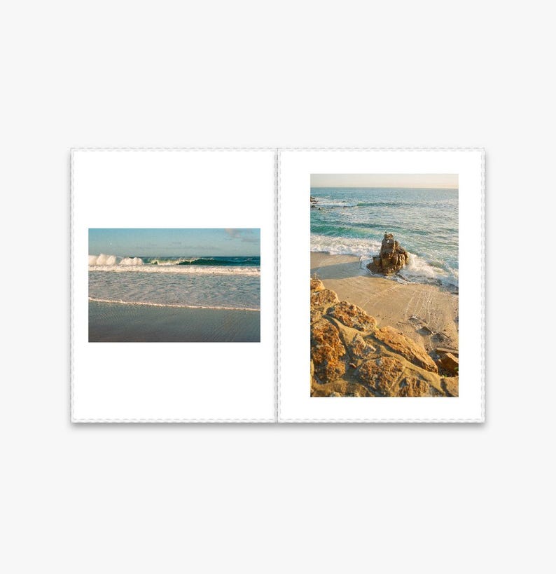 May include: Two photos of a beach scene. The first photo shows a wave breaking on the shore. The second photo shows a rocky outcropping on the beach with waves crashing against it.
