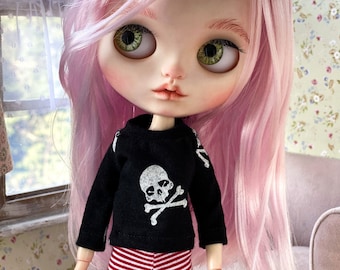 Blythe Doll T-shirt, Blythe Clothes Skull Pattern, Blythe Doll Clothing Cotton, Blythe Doll Sweater Short Sleeve or 3/4 Sleeve, Doll Outfit