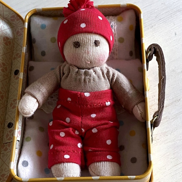 Handmade Miniature Waldorf Doll - Eco-Friendly Natural Fiber Baby Doll with Suitcase