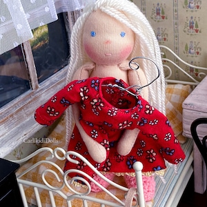 Handmade Waldorf Doll 6 inch, Organic Cotton Miniature Doll with Clothes, Soft Collectible Doll with Blonde Hair and Blue Eyes