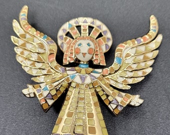 Designer Bob Mackie Vintage Gold Tone Large Mosaic Guardian Angel Enamel Brooch