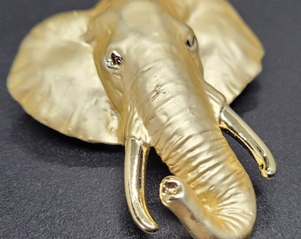 Vintage AJC Elephant Brooch, Gold Tone Figural Pin, Signed