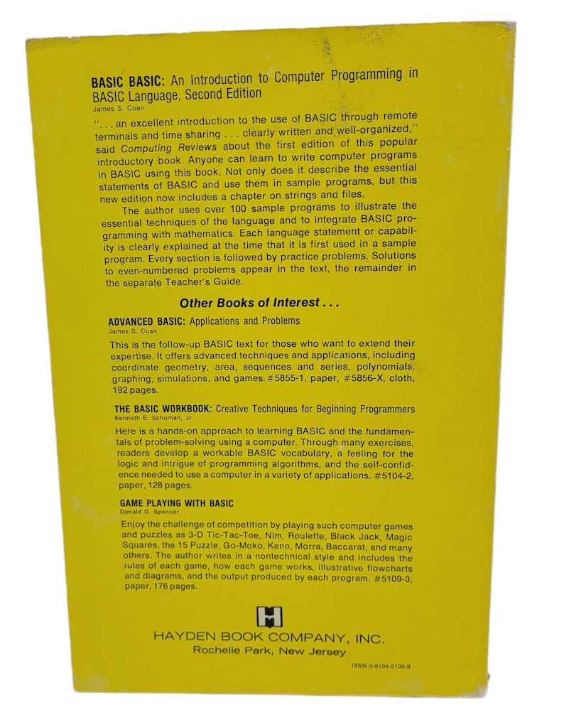 May include: A yellow book titled "BASIC BASIC: An Introduction to Computer Programming in BASIC Language, Second Edition" by James S. Coan. The book includes chapters on strings and files, sample programs, and practice problems. Other books of interest are also listed.