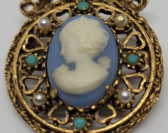 Vintage Florenza Goldtone Turquoise & Faux Pearl Open Work Carved Shell Cameo Brooch, Signed