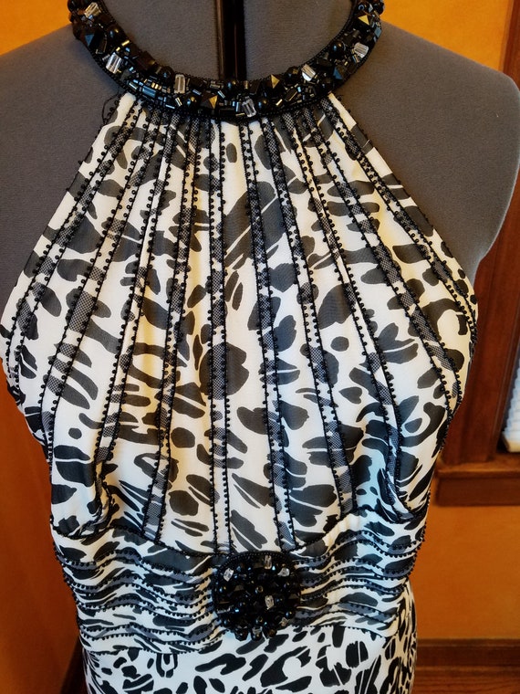 Vintage Escada Beaded Black and White Halter Dres… - image 4