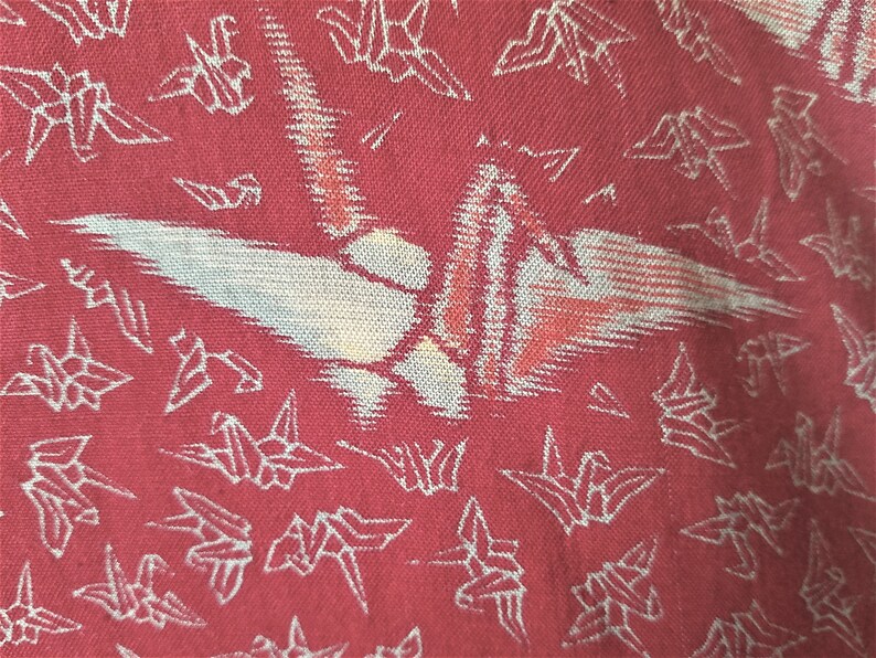 Handmade Vintage Kimono Hemp Good Fortune Yellow Crane Pattern on Red Fabric With Silk Lining