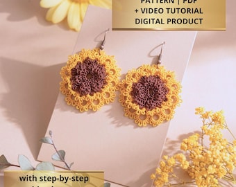 Tatting earrings VIDEO lessons shuttle tutorial, PDF pattern and scheme Sunflower