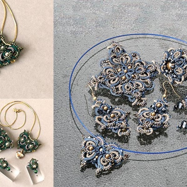 PDF tatting tutorial, shuttle tatting pattern and scheme set "Jeans collection " - brooch, 2 pairs of earrings, finger ring, pendant.