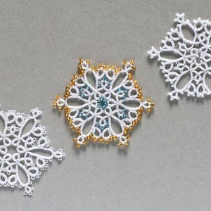 PDF video tatting tutorial, shuttle tatting pattern and frivolite scheme white snowflake