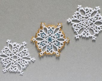 PDF video tatting tutorial, shuttle tatting pattern and frivolite scheme white snowflake