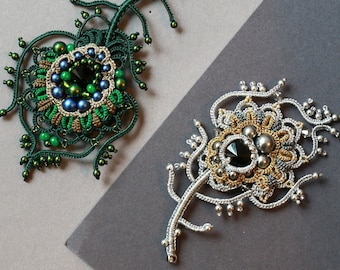 VIDEO tatting weaving tutorial, shuttle tatting pattern and scheme brooch "Peacock feather"