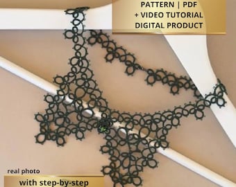 Patrón de cuello para frivolité con lanzadera, tutorial de encaje Frivolite (PDF + vídeo)