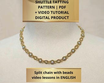 Split Ring Chain with beads Tatting shuttle VIDEO tutorial, pattern frivolite scheme