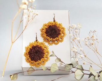Sunflower earrings VIDEO tatting tutorial, shuttle tatting pattern and scheme
