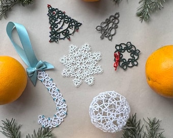 6 diagrams PDF Christmas tree design Snowflakes Tatting shuttle tutorial, pattern frivolite scheme