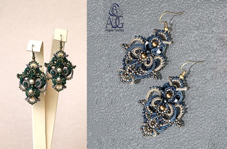 May include: Two pairs of intricate, handmade earrings. One pair is green and gold, the other is blue and gold. Both pairs feature a delicate, floral design with small beads.