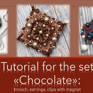 Op de afbeelding: Een set sieraden met een bruine en beige gehaakte broche, een paar blauwe en witte gehaakte oorbellen en een paar clips met magneten. De set heet "Chocolade".