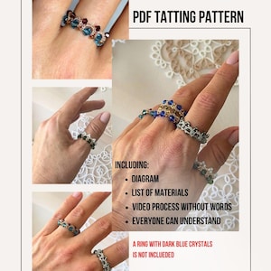 Puede incluir: Un patrón de frivolité en PDF con imágenes de anillos de cuentas azules, verdes y plateados. El texto incluye "Diagrama", "Lista de materiales" y "Proceso de video sin palabras". No se incluye un anillo con cristales azul oscuro.