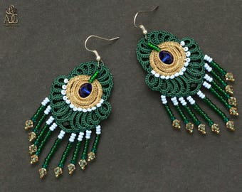 PDF tatting tutorial, shuttle tatting pattern and scheme earrings Peacock