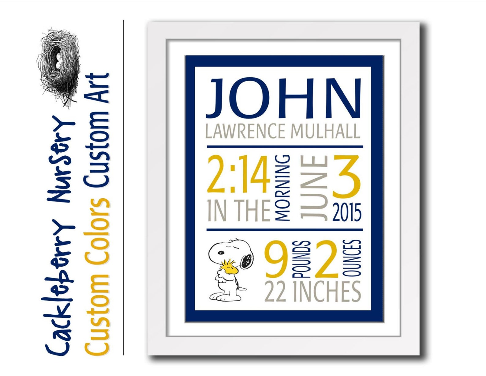 Snoopy Peanuts Birth Announcement Wall Art Navy Nursery Etsy