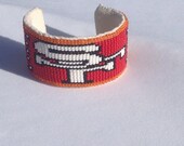 Beaded Cuff Bracelet - SF Red w/feathers 