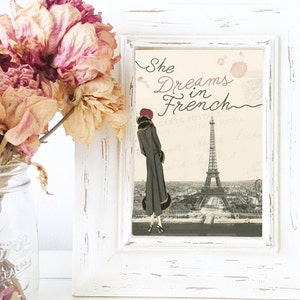 Ela sonha em sinal francês para impressão - Torre Eiffel Parisiense Dream Postcard Paris DIY Download instantâneo Tipografia Impressão