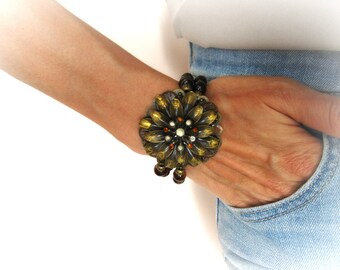 Filigree flower bracelet, woman stone beaded bracelet, gift for her, brown pearl bracelet, double strand bracelet, gemstone jewelry