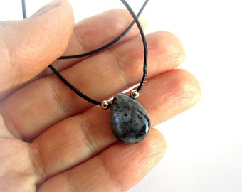 Larvikite pendant necklace for women, gray black stone bead choker, leather cord necklace, minimalist, italian jewelry, gift for her