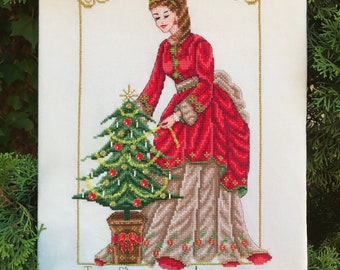 Victorian Christmas Tree and Lady Counted Cross Stitch Chart Pattern Instant Download
