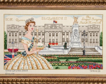 Long Live the Queen Buckingham Palace Queen Elizabeth II London Historical Style Counted Cross Stitch Chart Pattern Instant PDF Download
