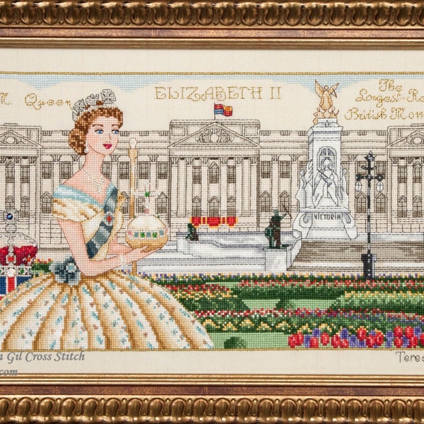 Longue vie à la reine Buckingham Palace Queen Elizabeth II London Historical Style Counted Cross Stitch Chart Pattern Instant PDF Download