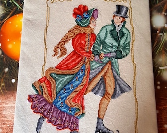 Skating In Love Victorian Lady and Gentleman Counted Cross Stitch Chart Pattern Instant PDF Download